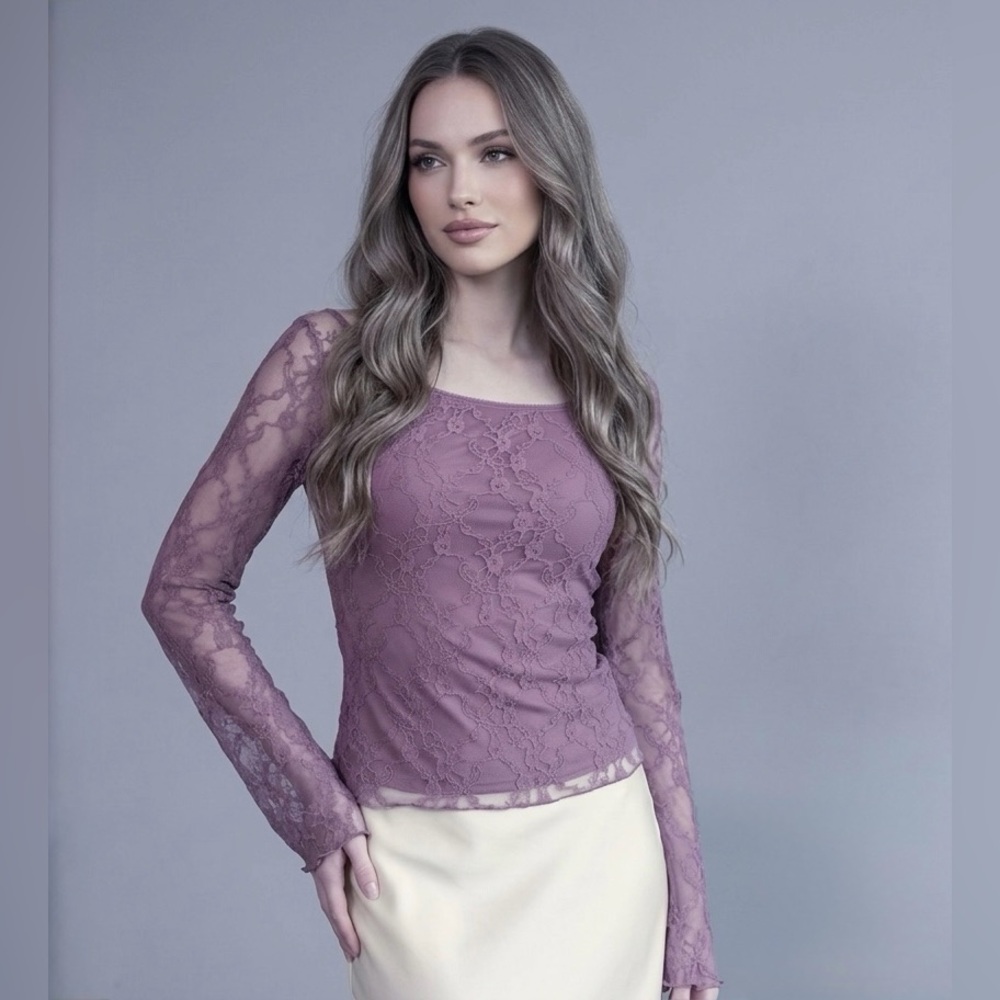 Honey & Sparkle NWT Dusty Rose Floral Lace Long Sleeve Romantic Mesh Top Size S